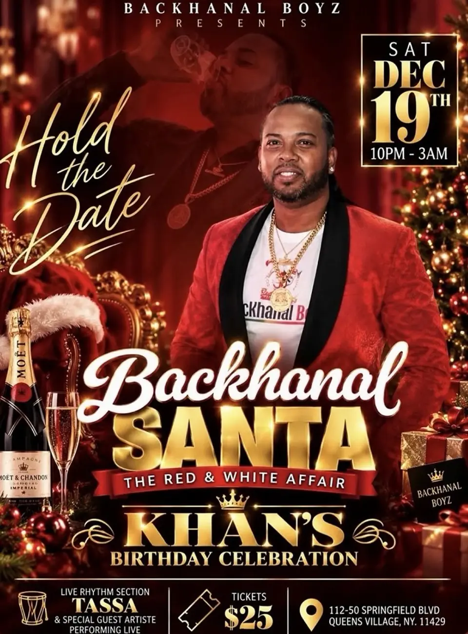 Backhanal Santa the RED and White Affair flyer or graphic.