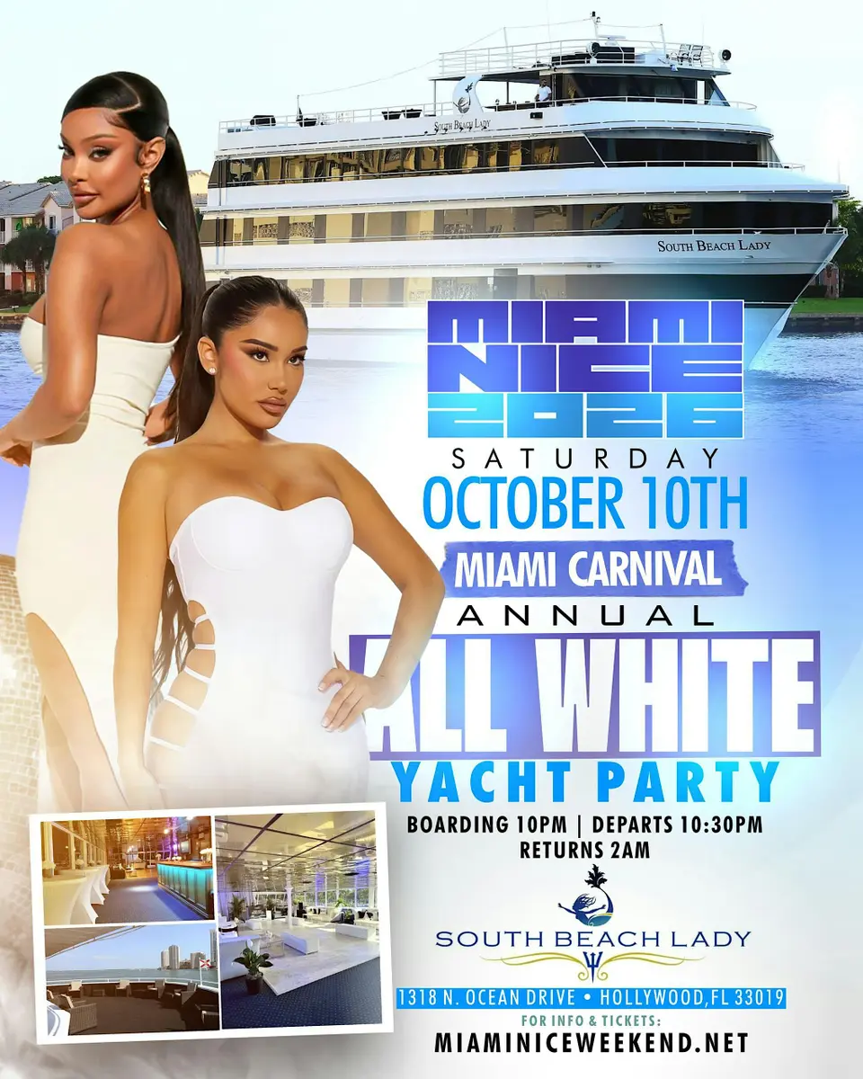 MIAMI NICE 2026 MIAMI CARNIVAL WEEKEND ANNUAL ALL WHITE YACHT PARTY flyer or graphic.