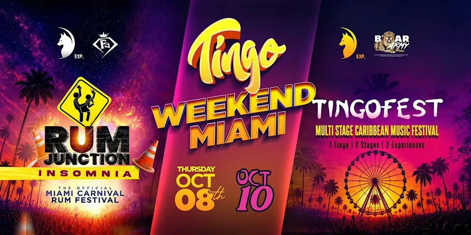 Tingo MIA Carnival Weekend 2026: 2 Days, 2 Themed Caribbean Experiences flyer or graphic.