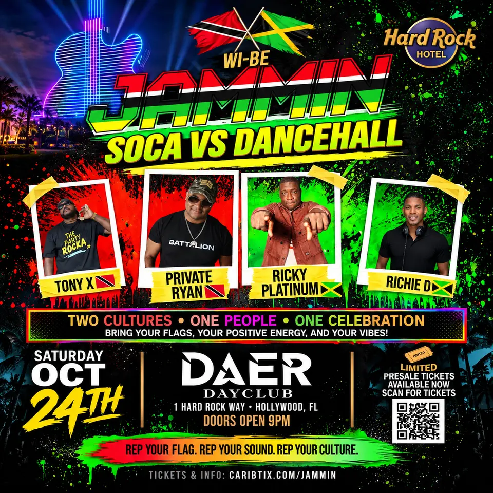 JAMMIN: Soca vs Dancehall flyer or graphic.