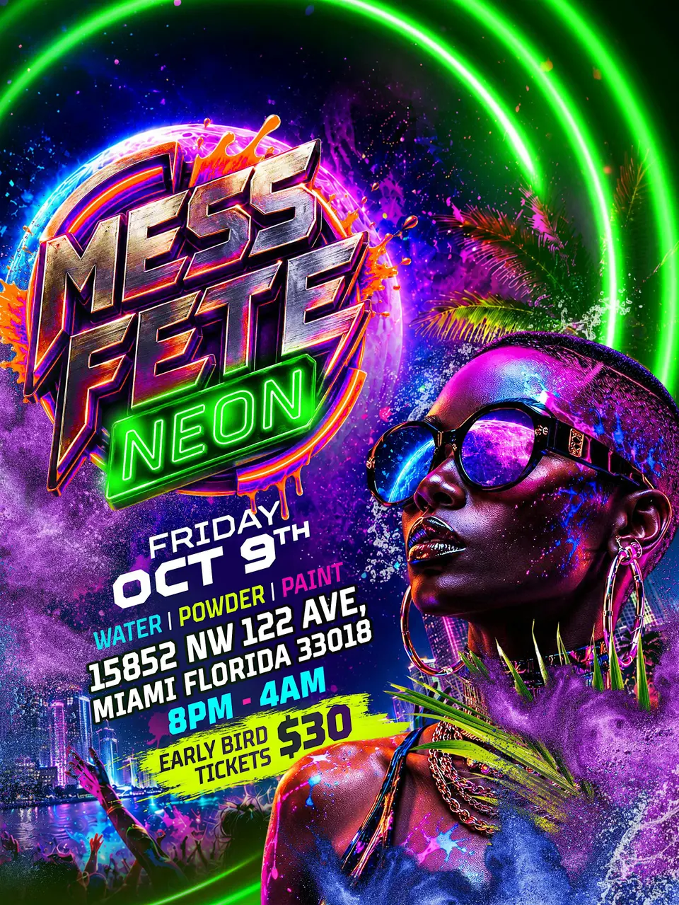 Mess Fete Neon flyer or graphic.