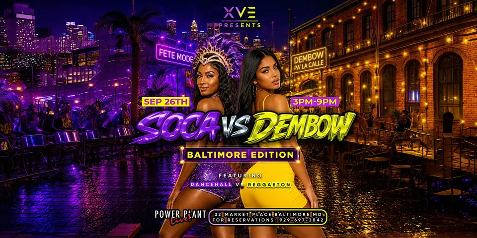 Soca vs Dembow Baltimore flyer or graphic.