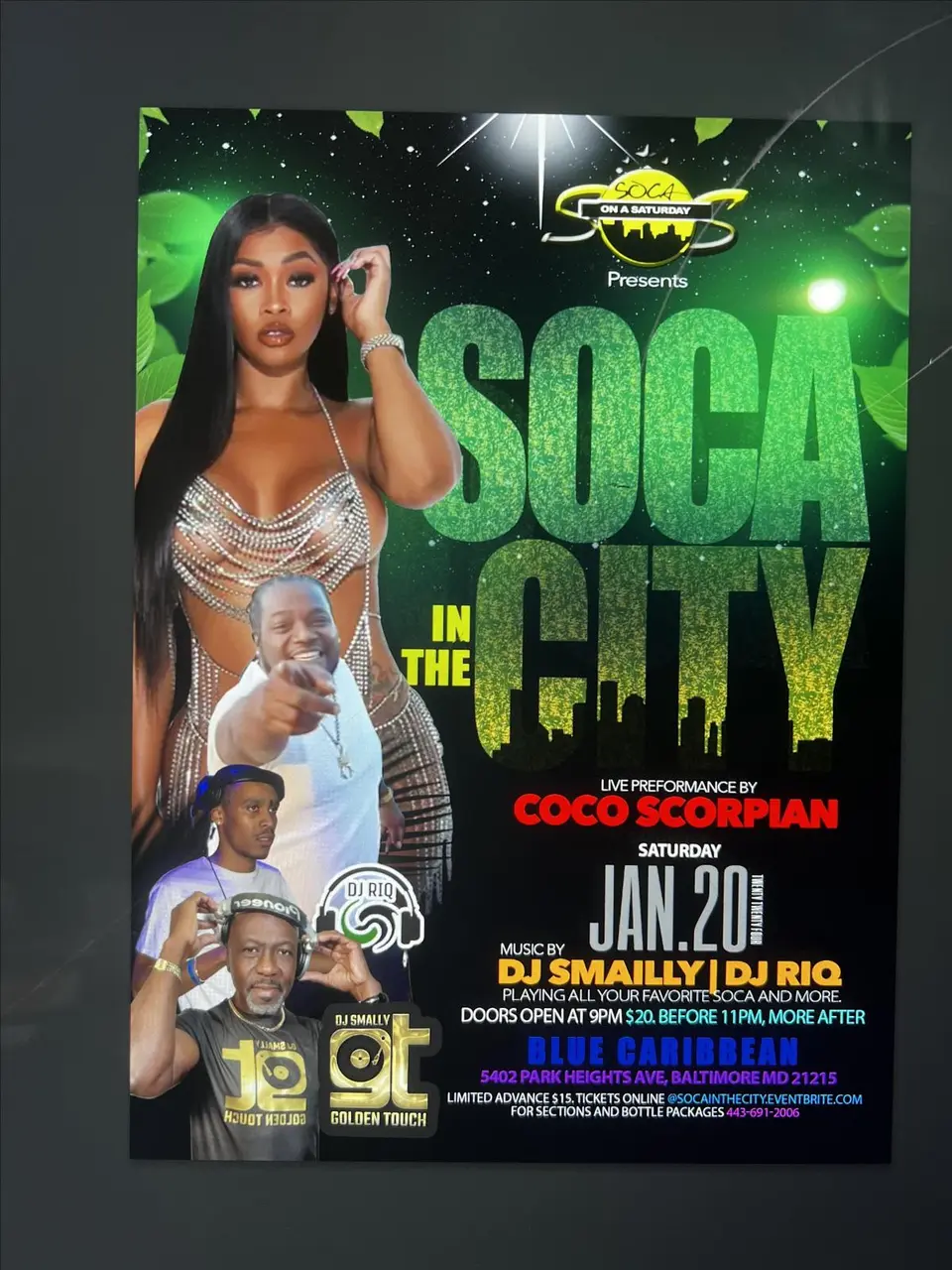 SOS! Soca in the City flyer or graphic.
