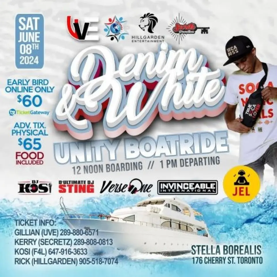 Soca Denim and White Unity Boatride flyer or graphic.