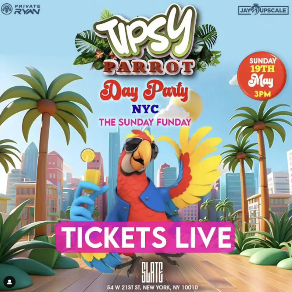 Tipsy Parrot Day Party flyer or graphic.