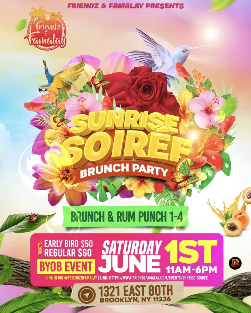 Friendz & Famalay Sunrise Soirée flyer or graphic.