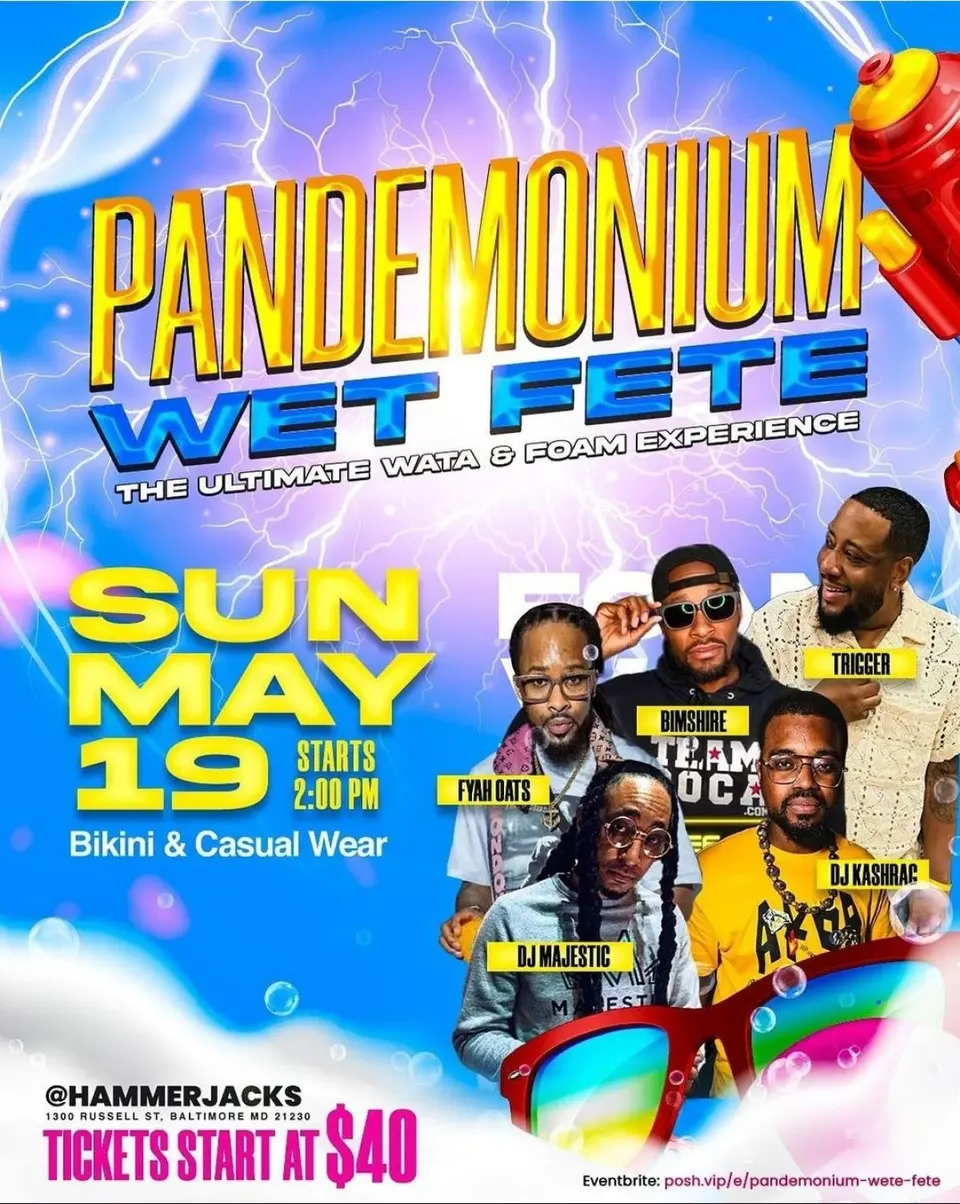 Pandemonium Wet Fete flyer or graphic.