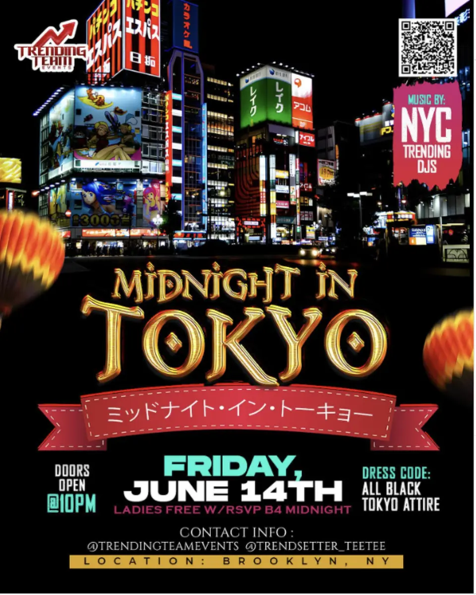 Midnight In Tokyo flyer or graphic.