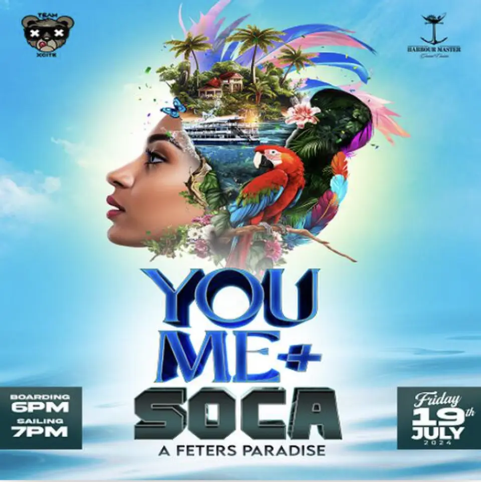 You, Me + Soca = A Feters Paradise flyer or graphic.