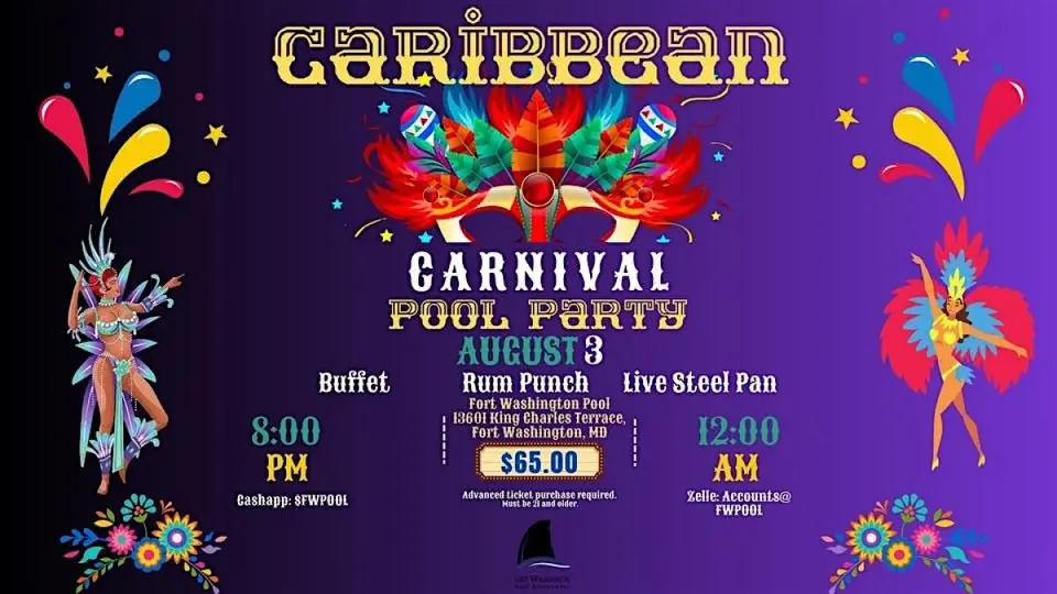 Midnight Soca Splash: Caribbean Pool Party flyer or graphic.
