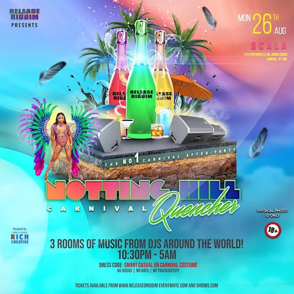 Quencher - Notting Hill Carnival flyer or graphic.