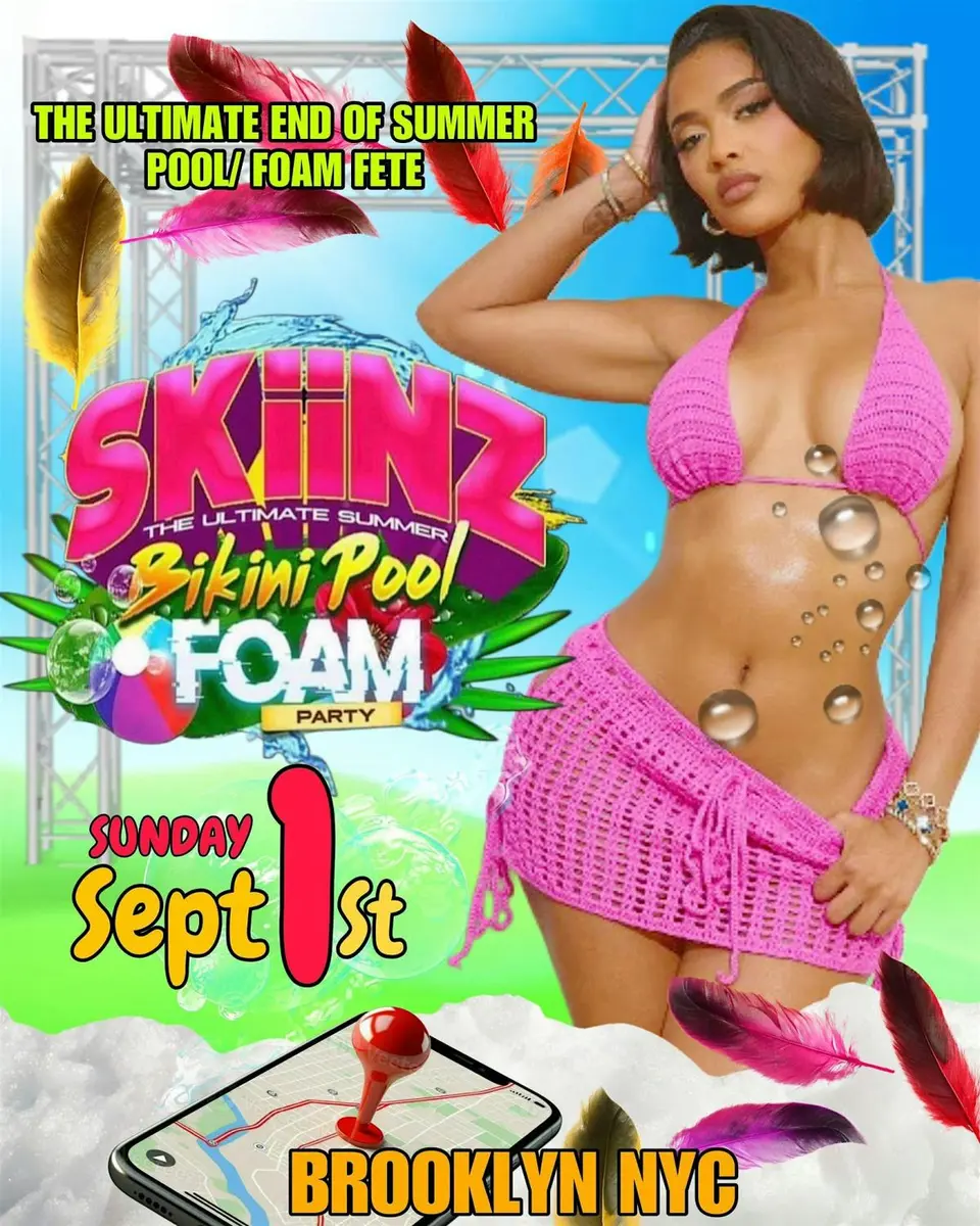SKiiNZ Bikini Foam Pool Party flyer or graphic.