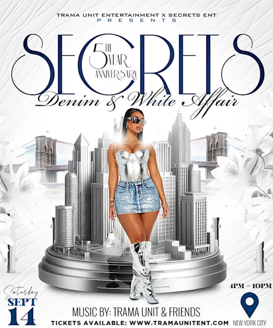 Secrets "The Denim & White Day Fete" flyer or graphic.