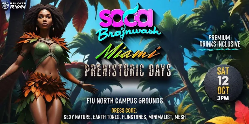Soca Brainwash- “Prehistoric Days” flyer or graphic.