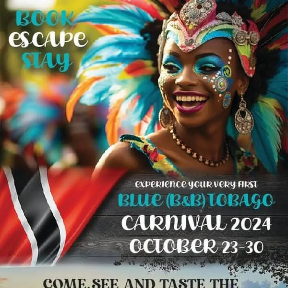 Blue Tobago Carnival flyer or graphic.