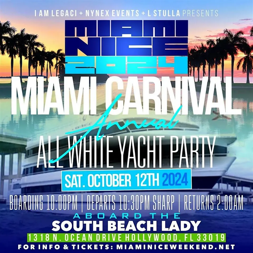 Miami Nice: Annual All White Yacht Party flyer or graphic.