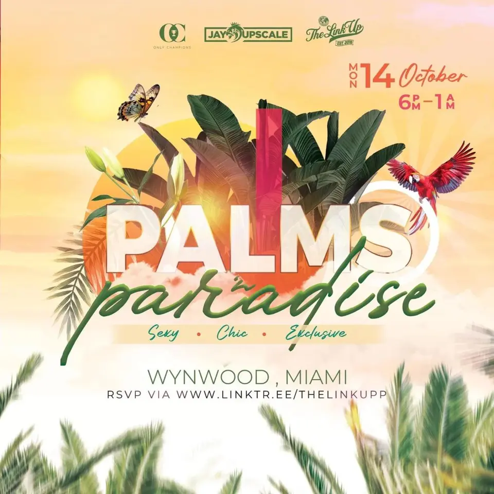 Palms N Paradise flyer or graphic.