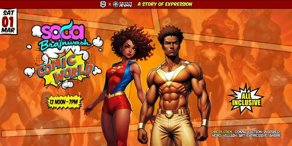 Soca Brainwash “Comic World” flyer or graphic.