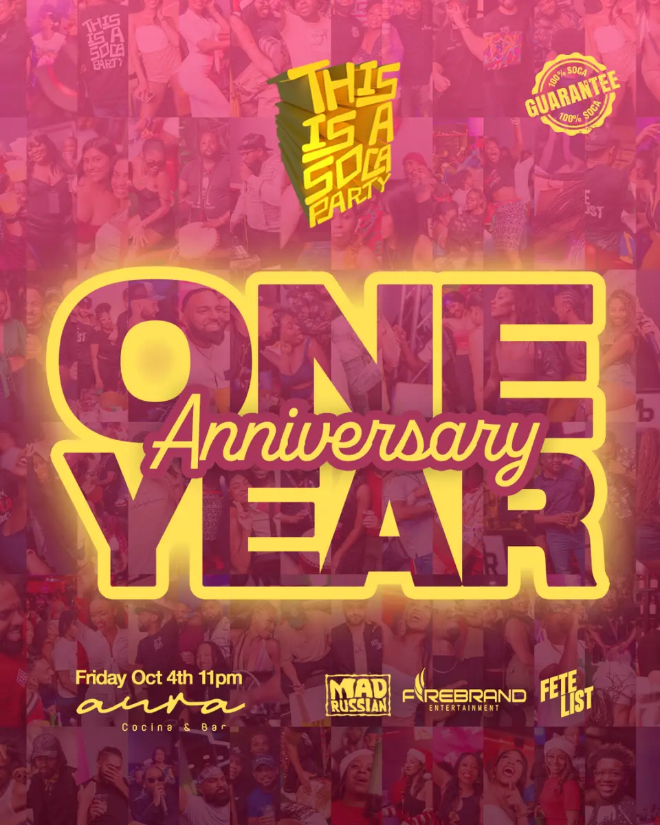 This is a SOCA Party - 1 Year Anniversary flyer or graphic.