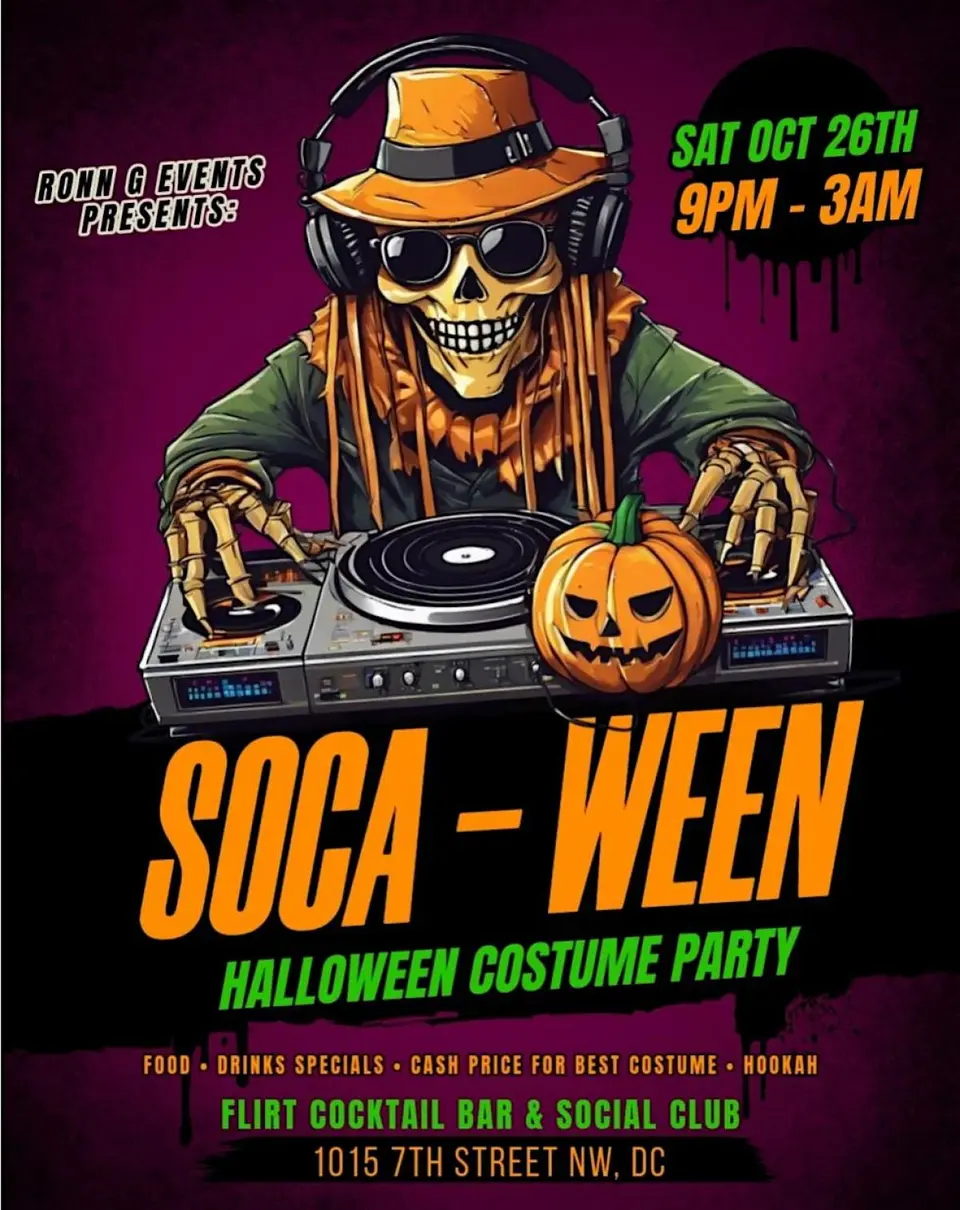 Soca-ween Halloween Party flyer or graphic.