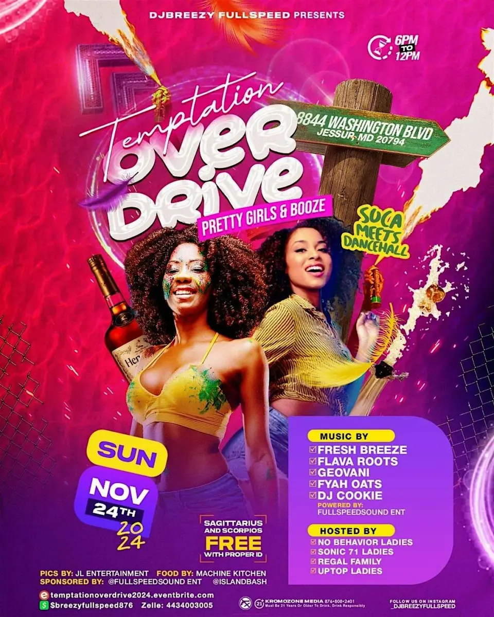 Temptation Overdrive Soca meets Dancehall flyer or graphic.