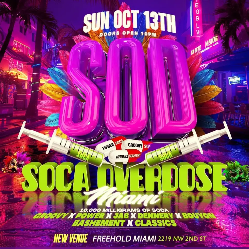 Soca Overdose Miami flyer or graphic.