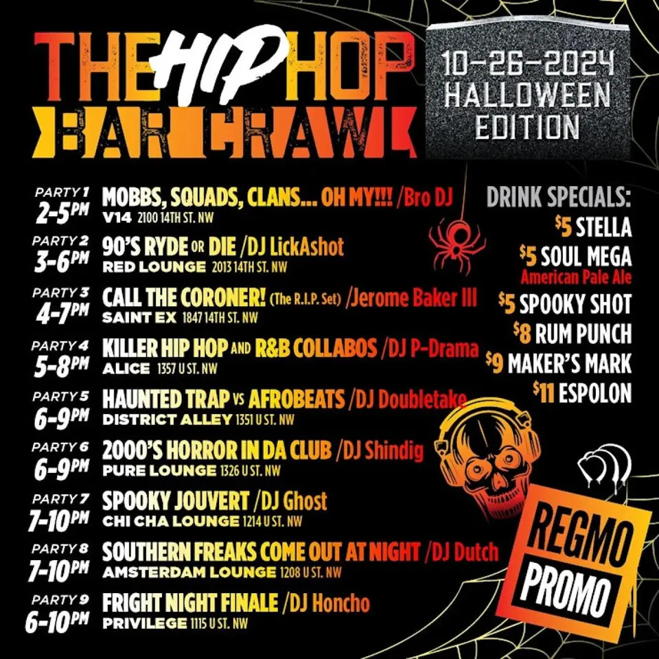 The Hip Hop Halloween Bar Crawl flyer or graphic.