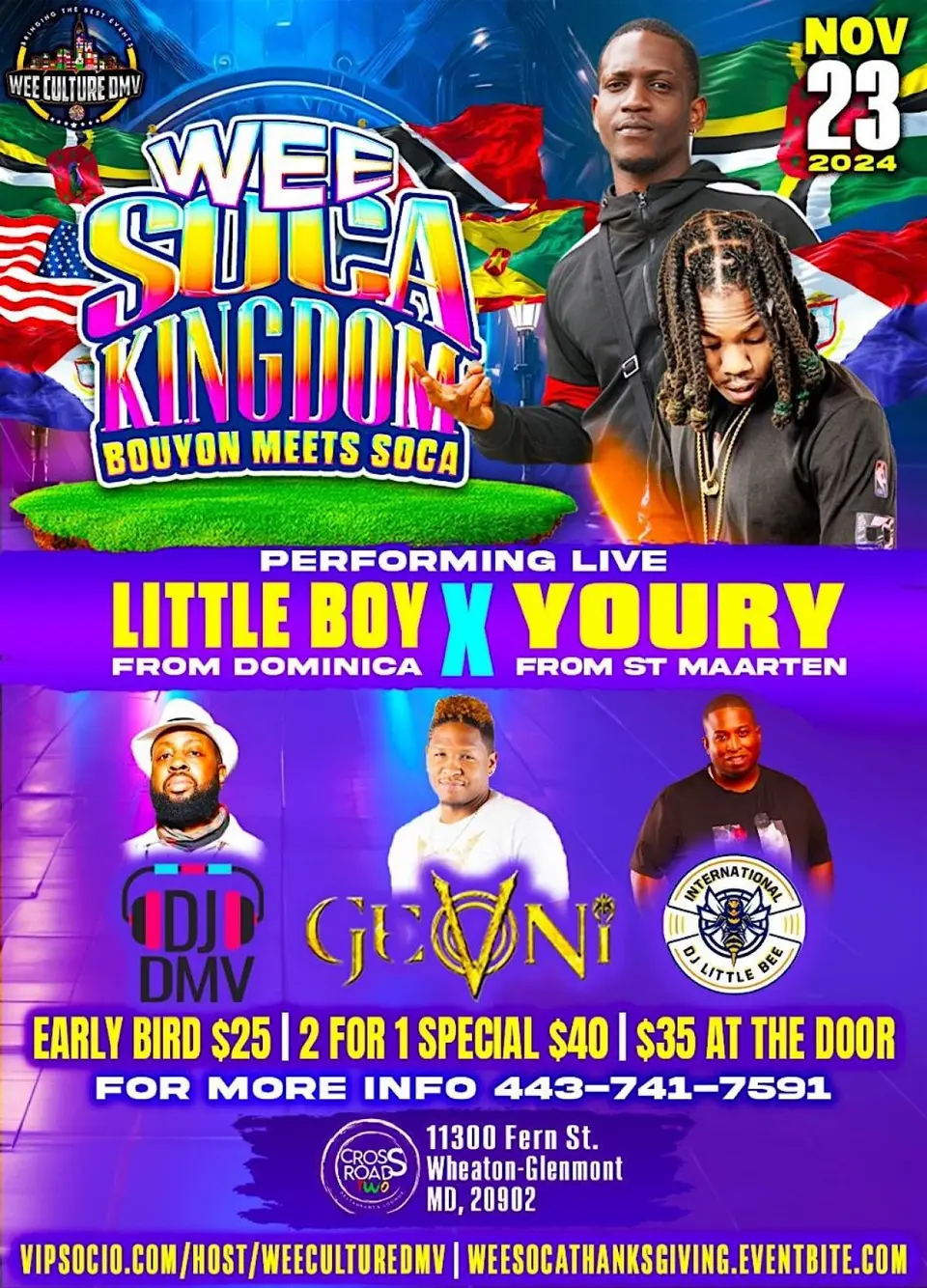 Wee Soca Kingdom Meets Bouyon Soca flyer or graphic.