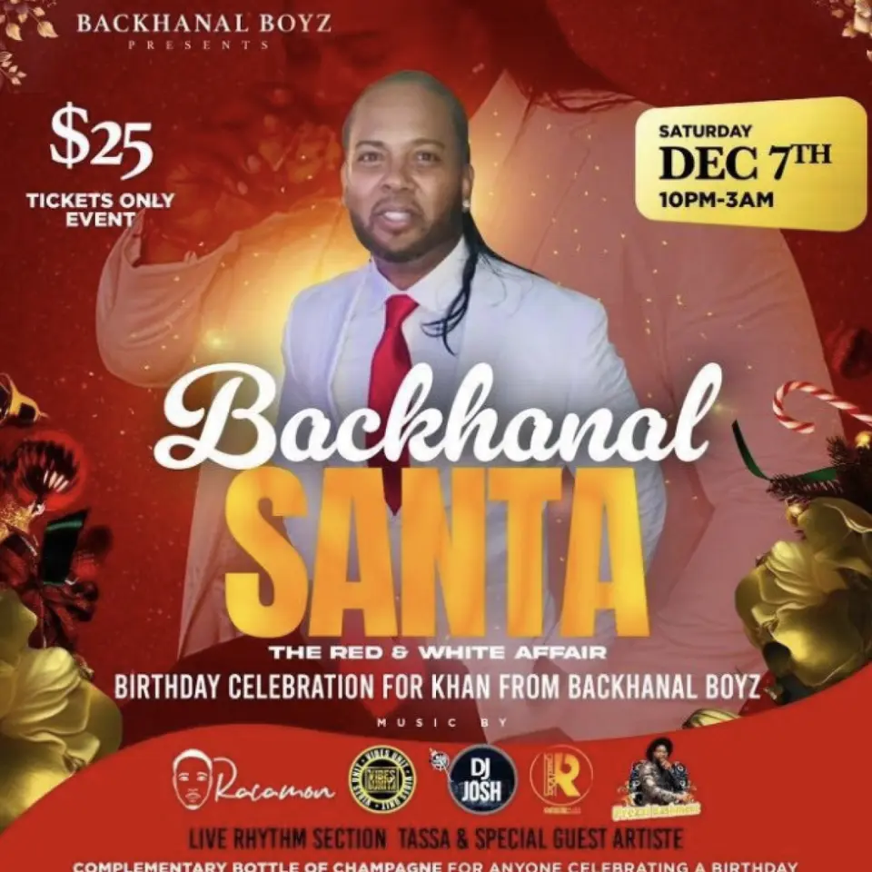 Backhanal Santa  The Red & White Affair flyer or graphic.