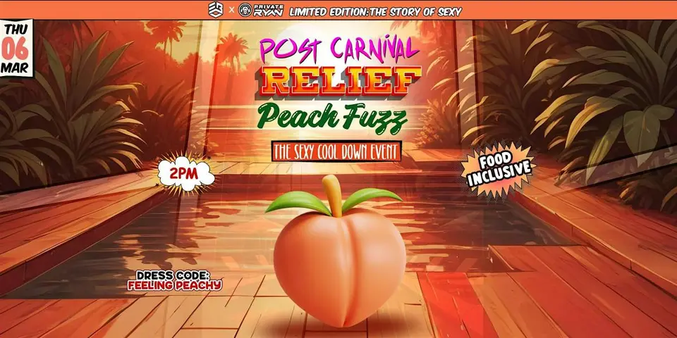 Post Carnival Relief "Peach Fuzz” flyer or graphic.