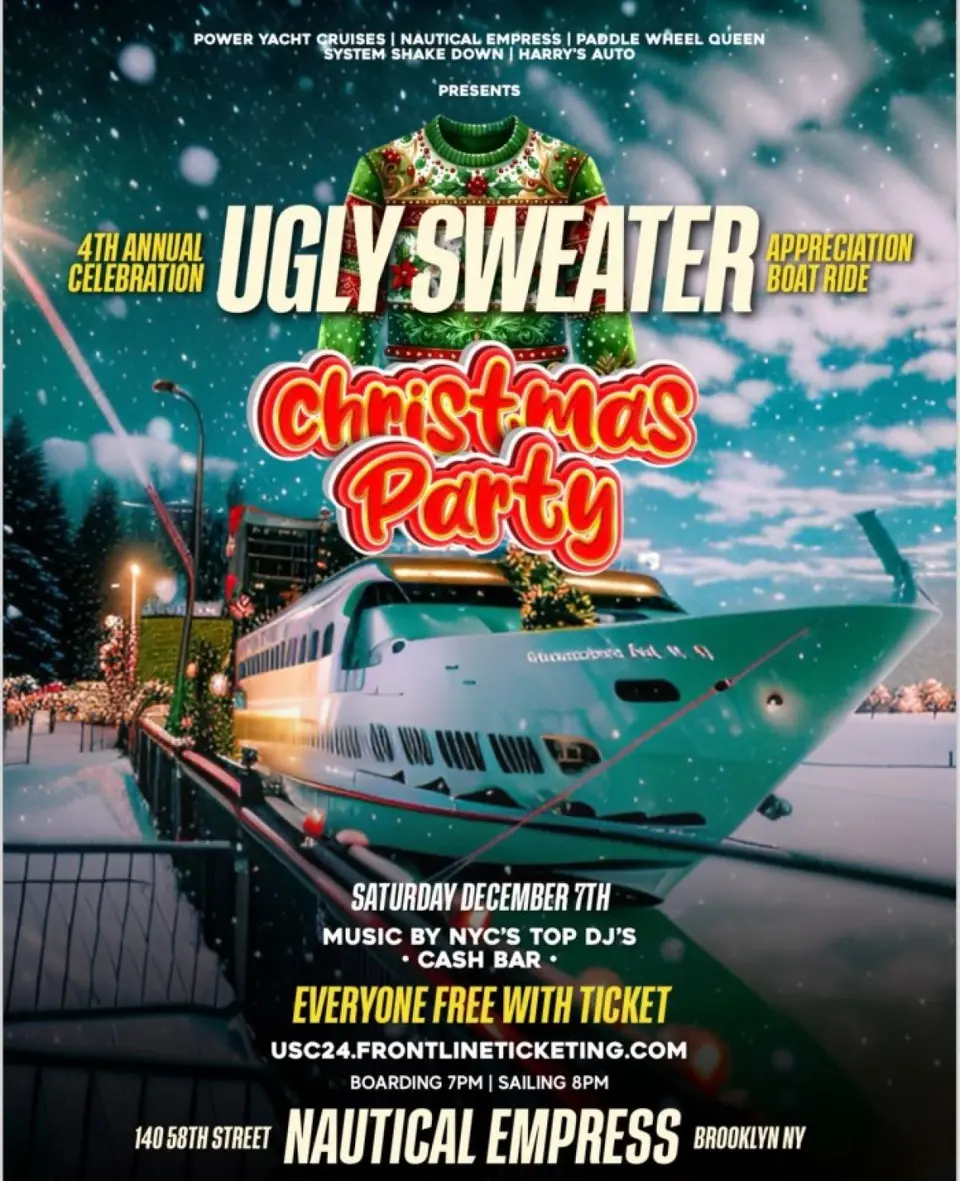 Ugly Sweater Appreciation Boatride flyer or graphic.