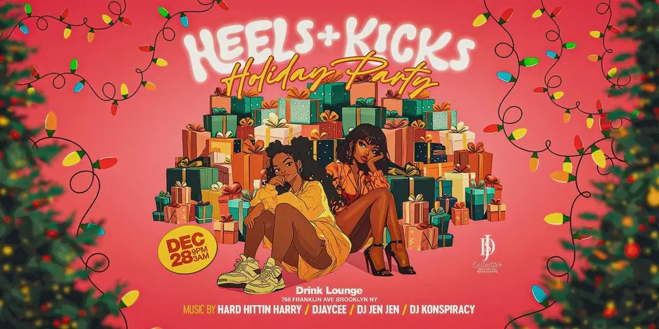 Heels + KICKS Holiday Party flyer or graphic.