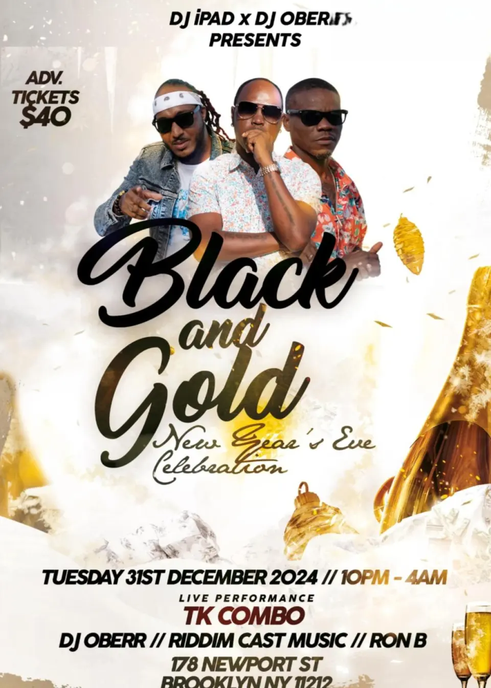 NYE Black and Gold flyer or graphic.