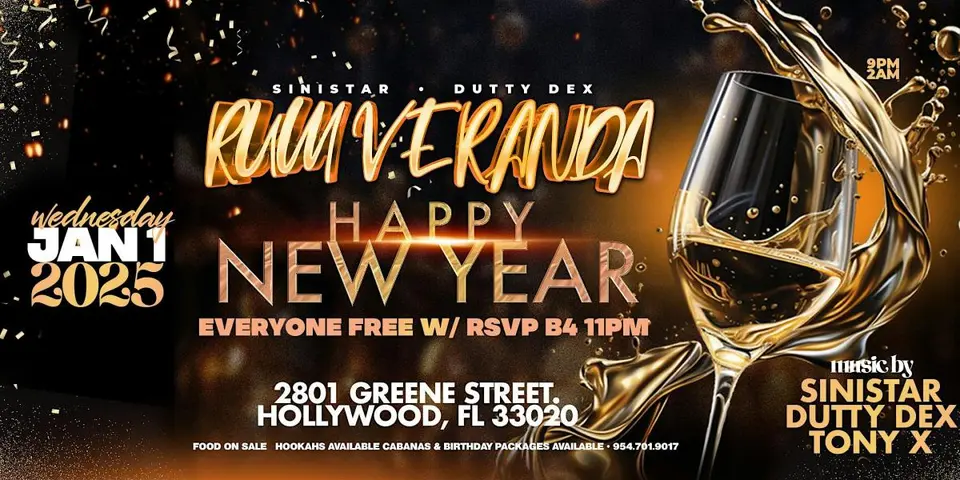 Rum Veranda - Happy New Year flyer or graphic.
