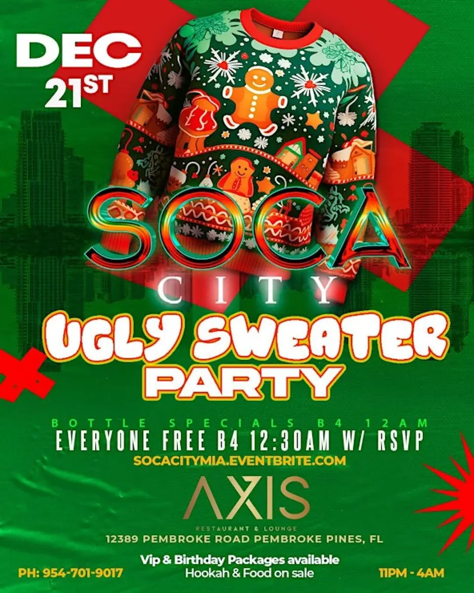 Soca City - Ugly Sweater Party flyer or graphic.