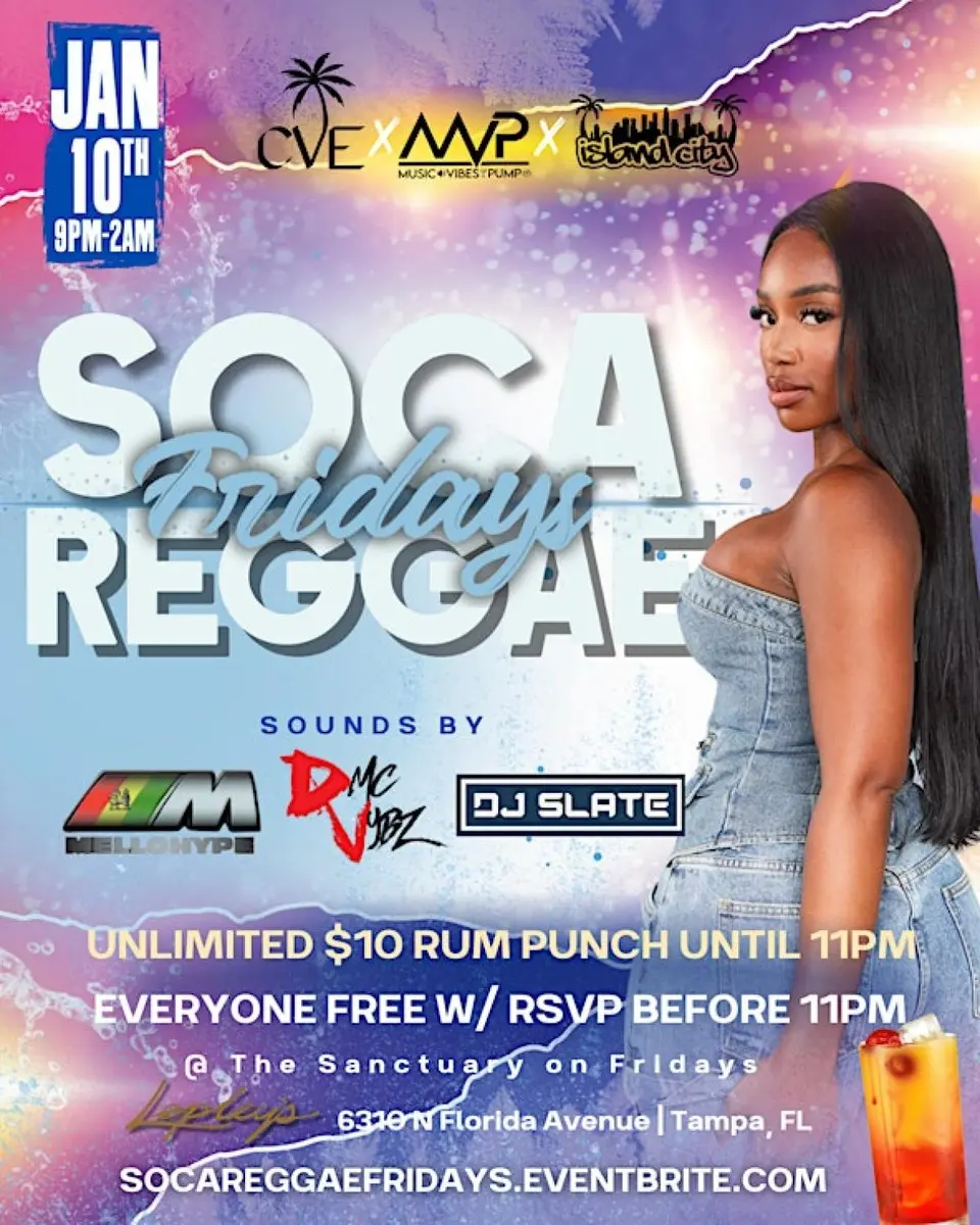Soca Reggae Fridays flyer or graphic.