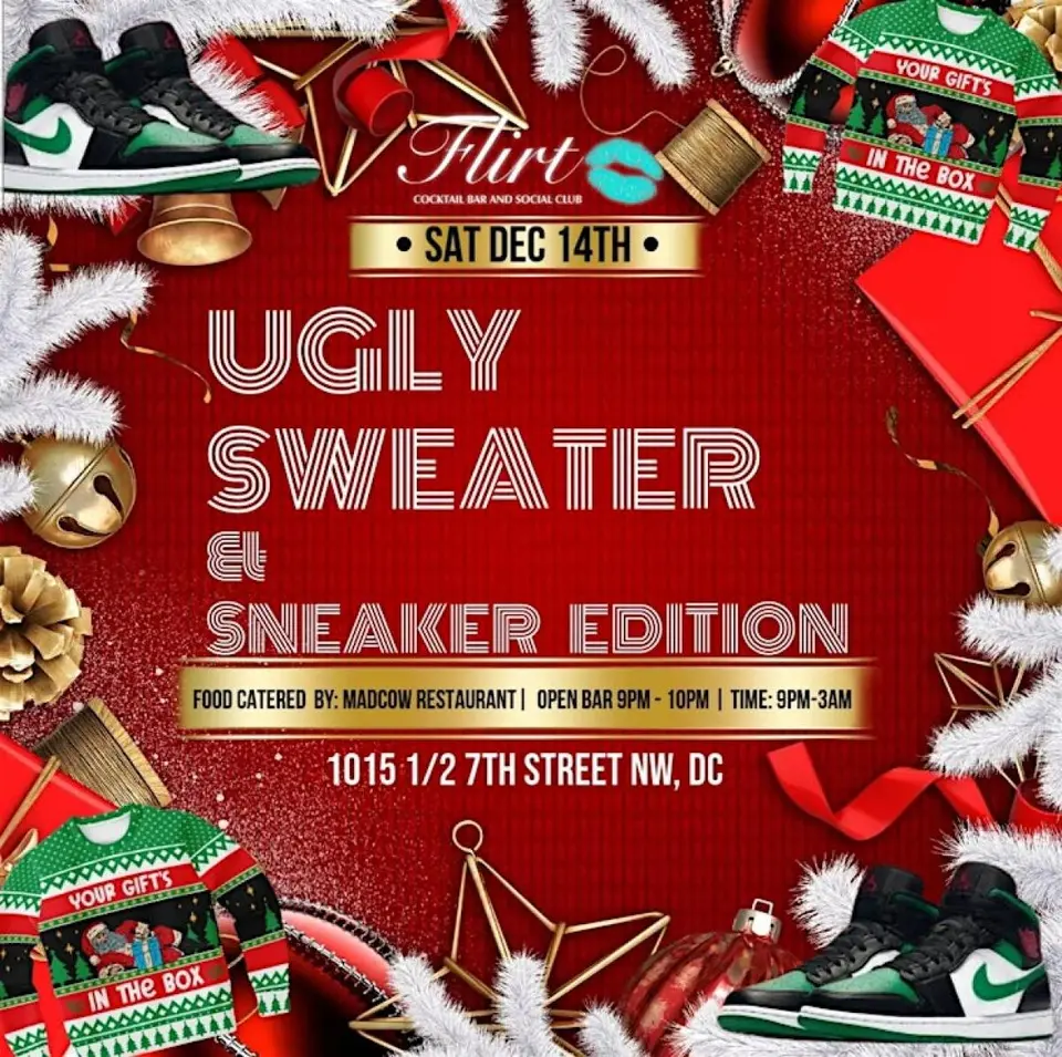 Ugly Sweater & Sneakers Christmas Party flyer or graphic.