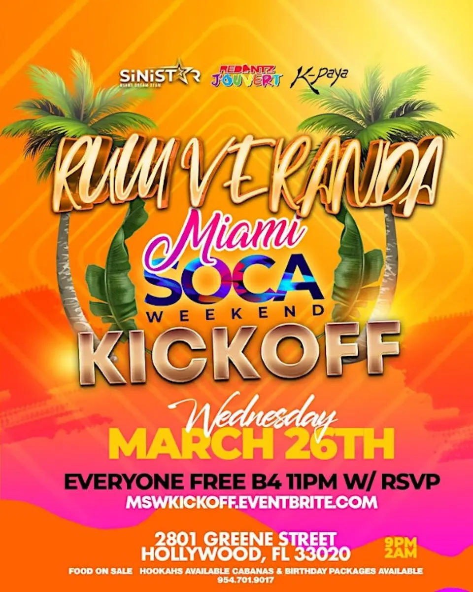 Rum Veranda - Miami Soca Weekend Kick off flyer or graphic.