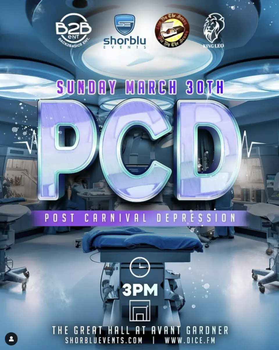 P.C.D.-Post Carnival Depression flyer or graphic.