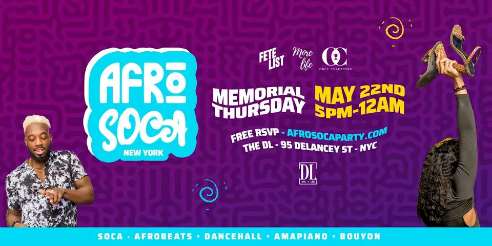 Afro Soca : Memorial Day Thursday flyer or graphic.
