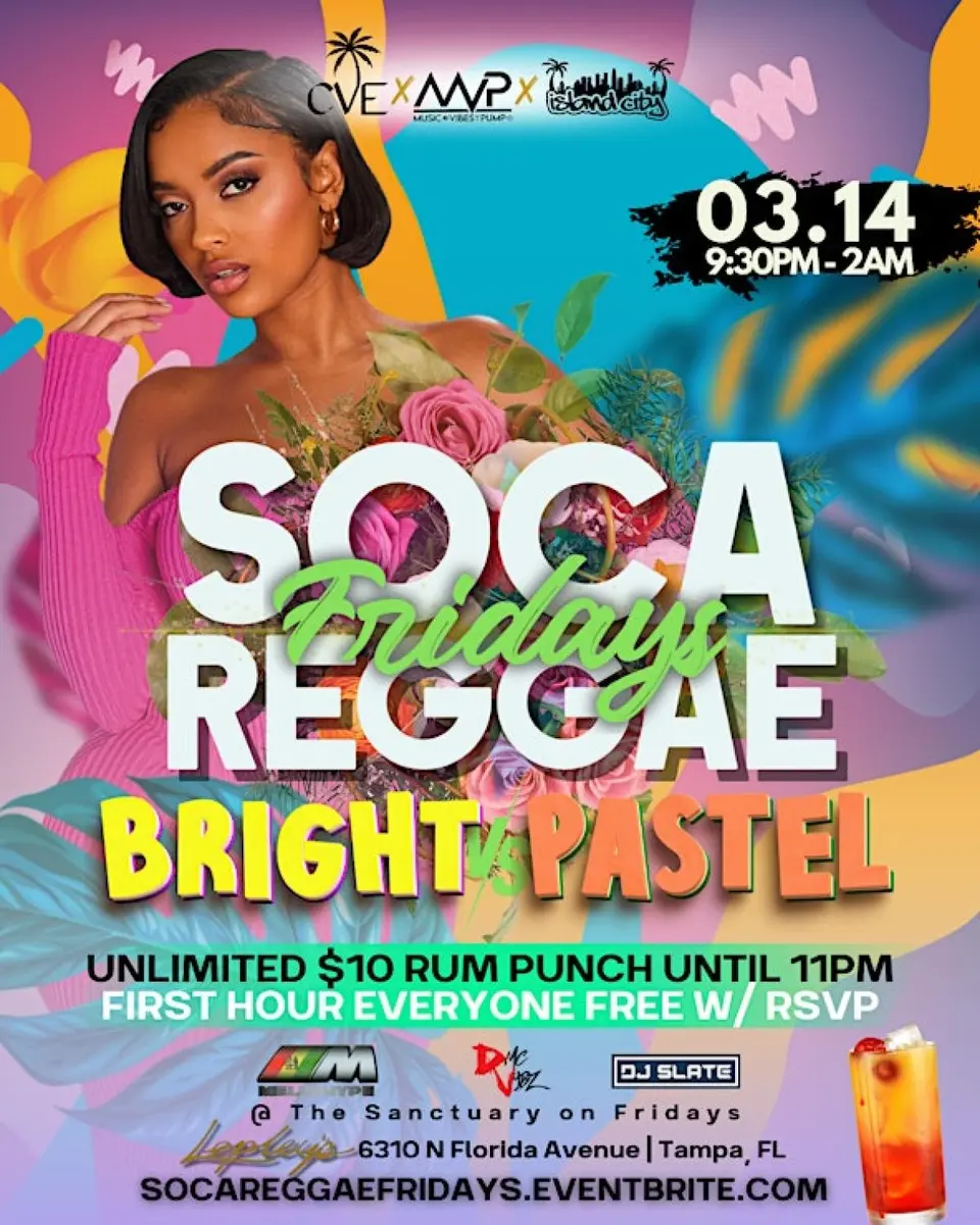 Soca Reggae Fridays flyer or graphic.