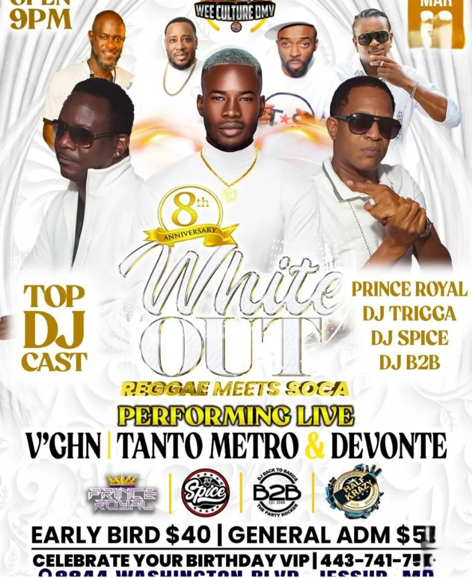 White out Reggae Meets Soca flyer or graphic.