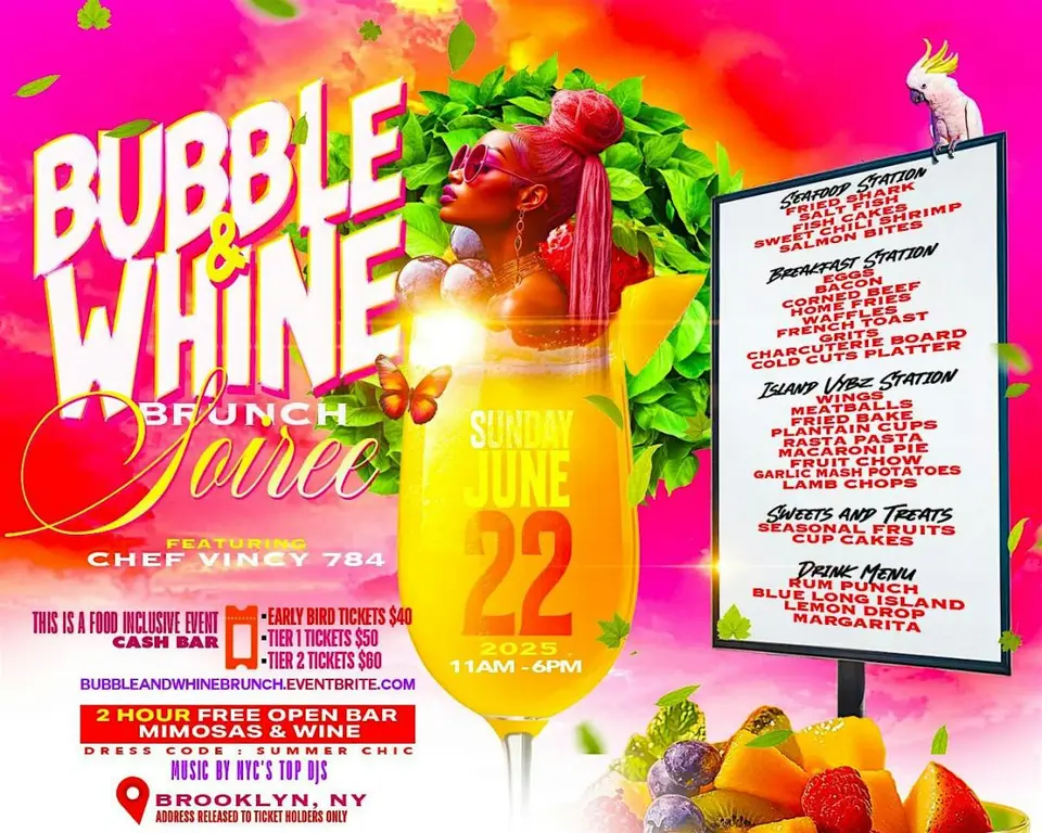 Bubble & Whine Brunch Soiree flyer or graphic.