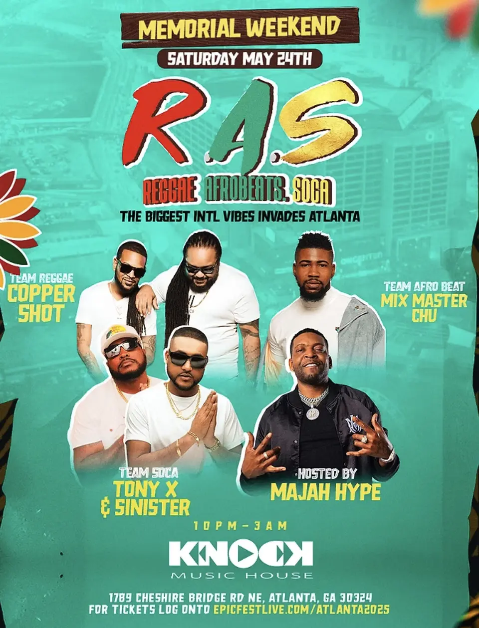 R.A.S | Reggae + Afrobeats + Soca flyer or graphic.