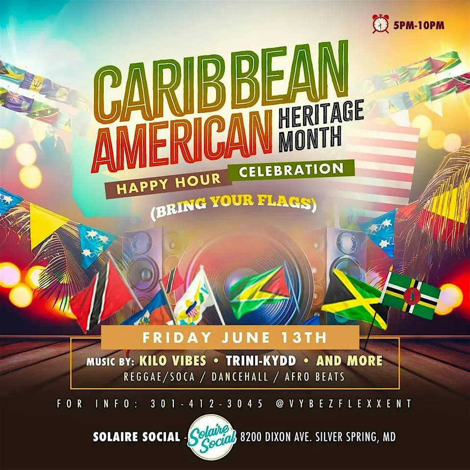 Caribbean American Heritage Month Celebration Happy Hour flyer or graphic.