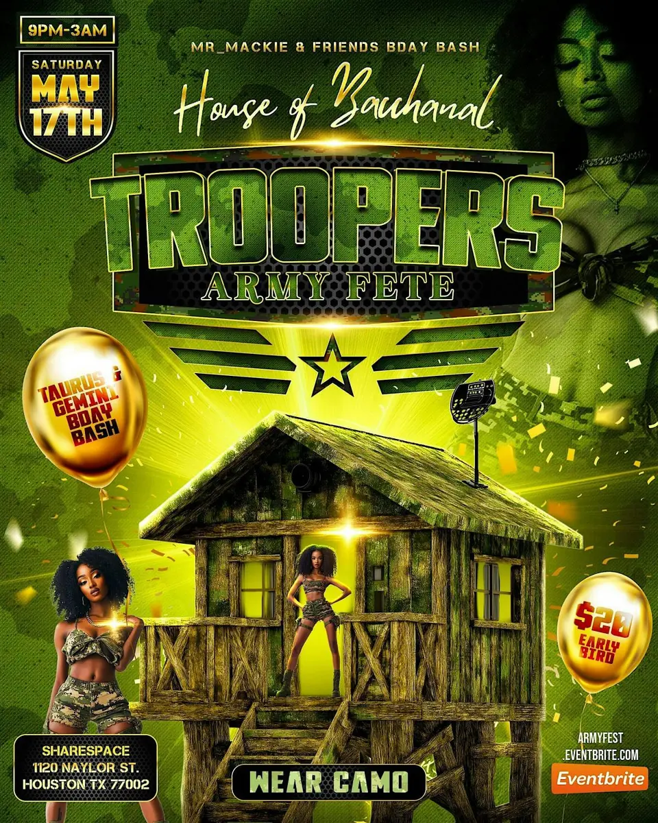 House of Bacchanal - Troopers Army Fest flyer or graphic.