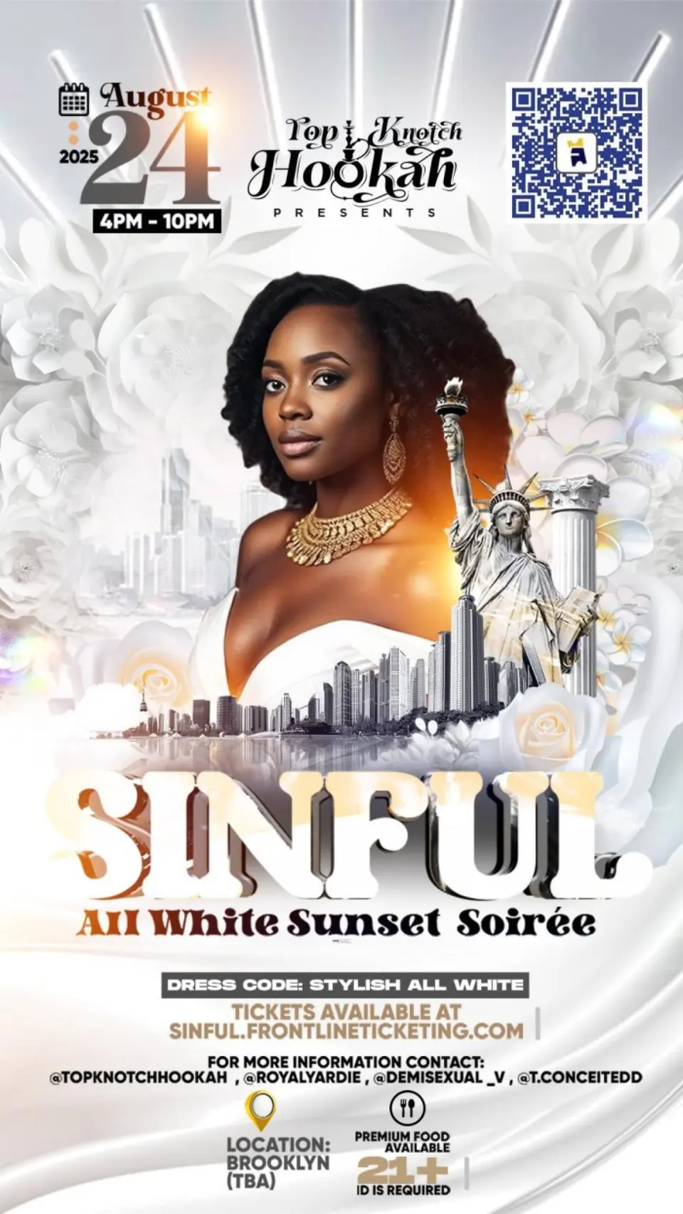 Sinful All White Sunset Soirée flyer or graphic.