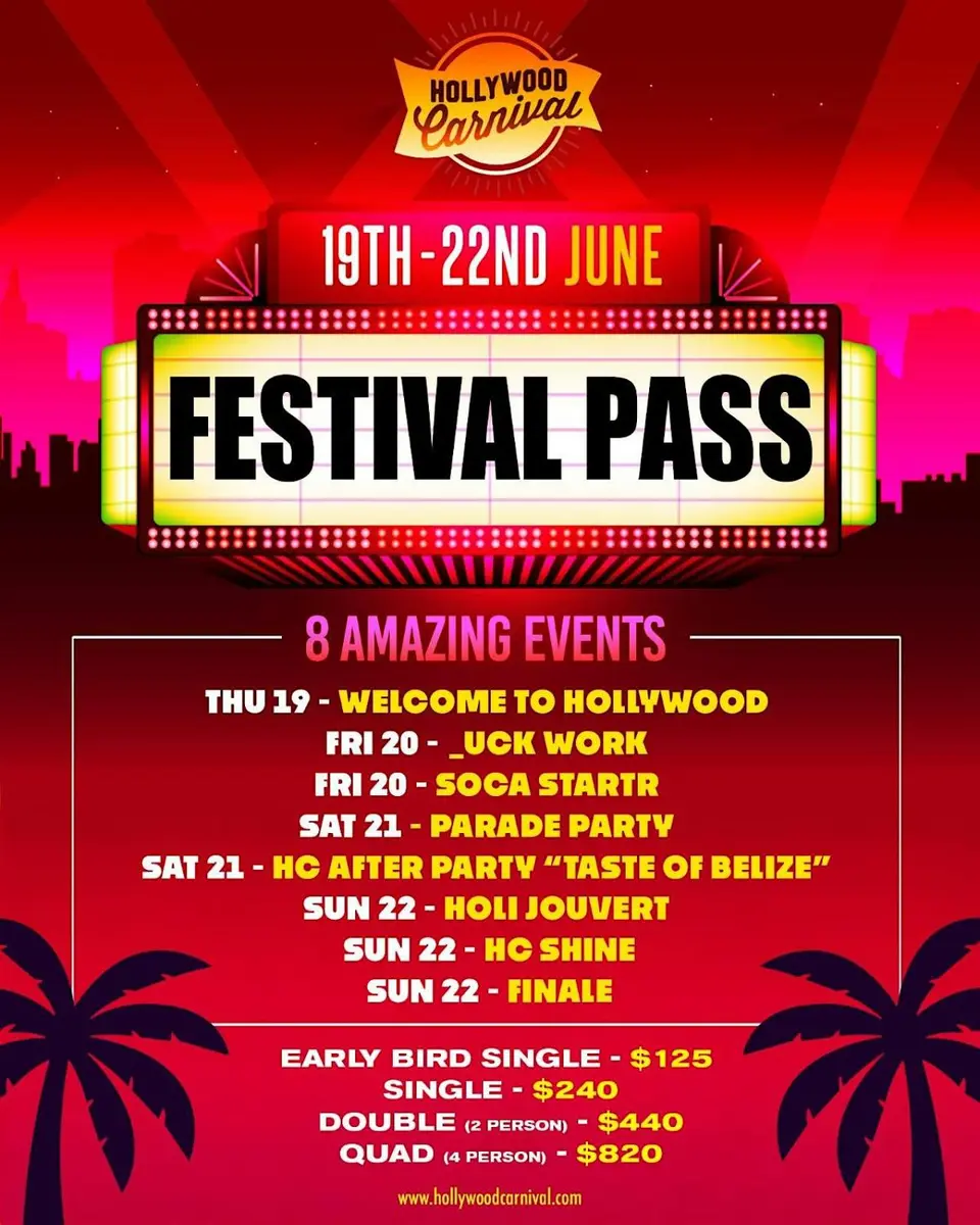 Hollywood Carnival 2025 (Festival Pass - 8 Events) flyer or graphic.