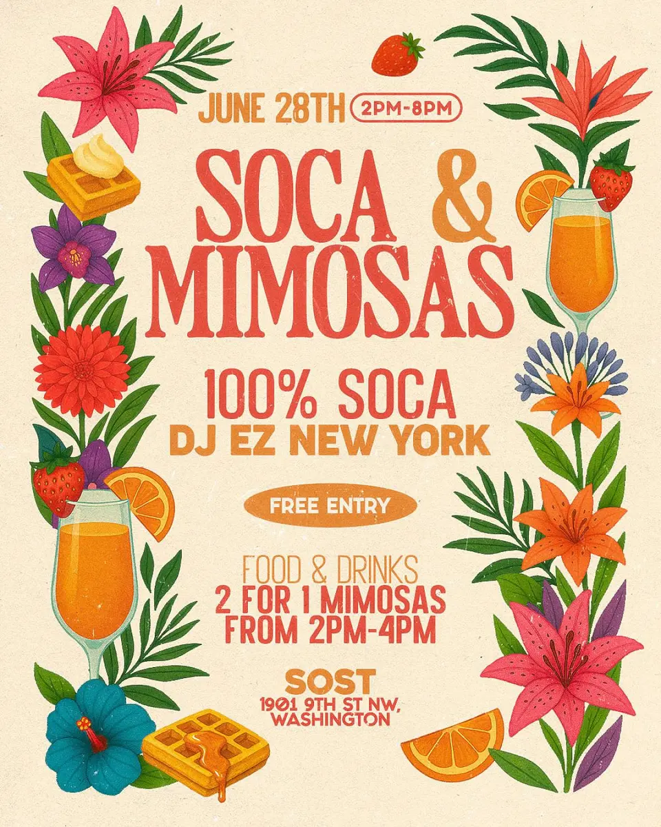 Soca & Mimosas flyer or graphic.