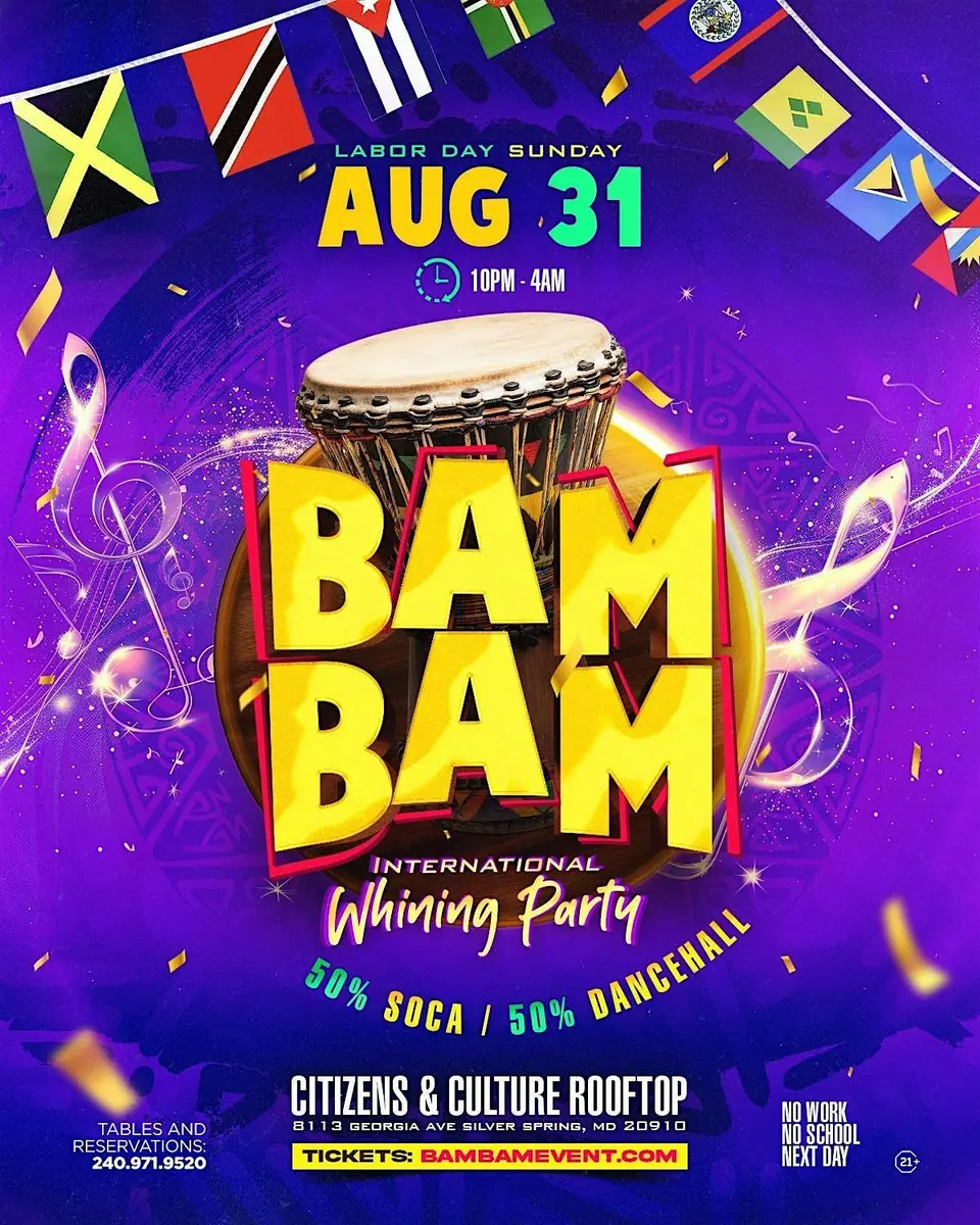 BAM BAM  "INTERNATIONAL WHINNING PARTY" flyer or graphic.